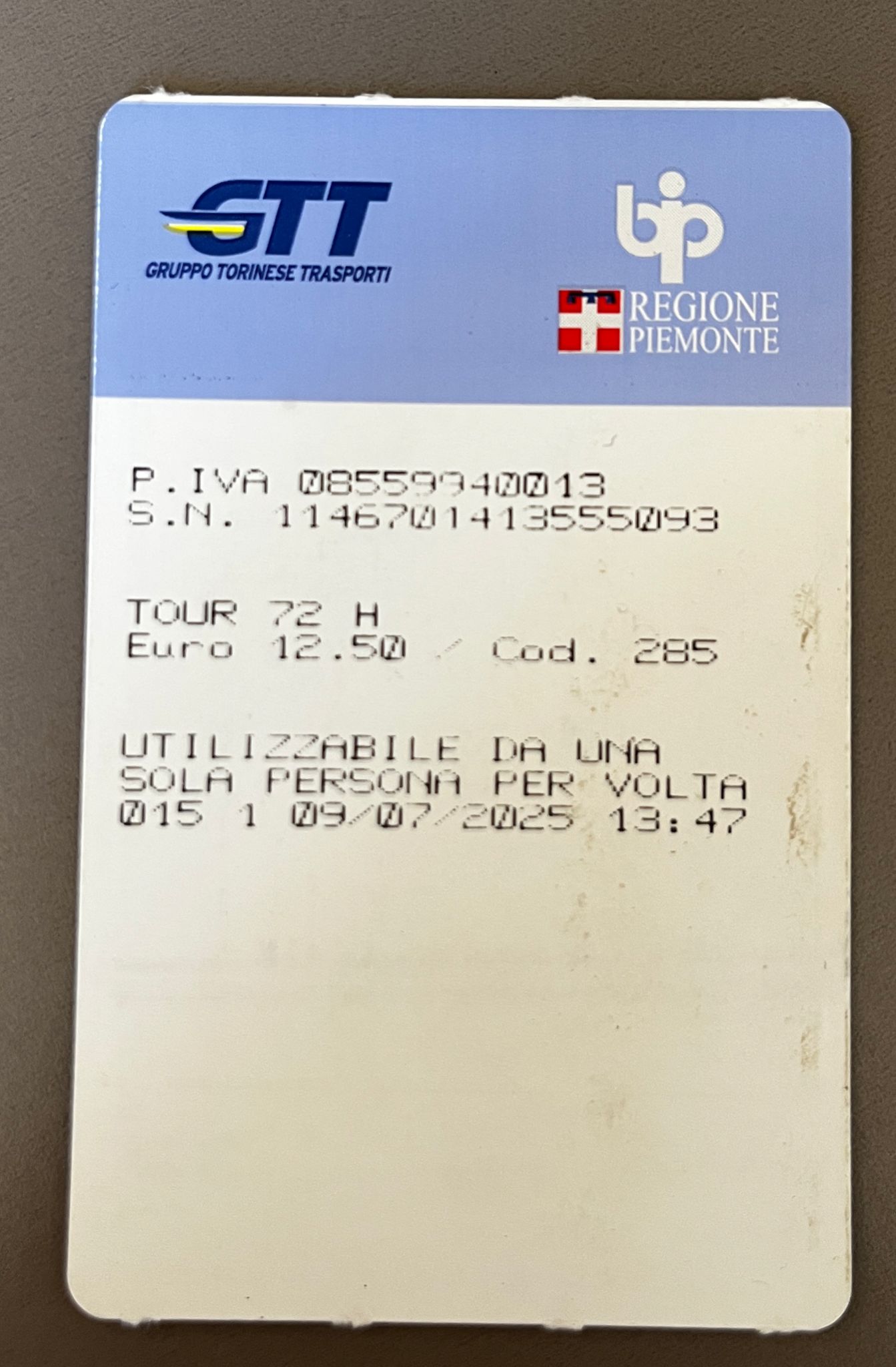 Tarjeta de transporte 72 horas de Turín
